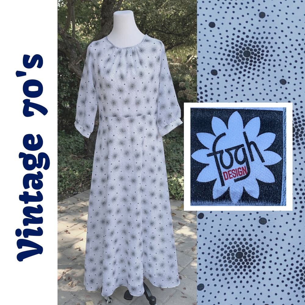Vintage 70s fogh Denmark Maxi Dress Chiffon Geo Dot Print Hippie Boho Festival